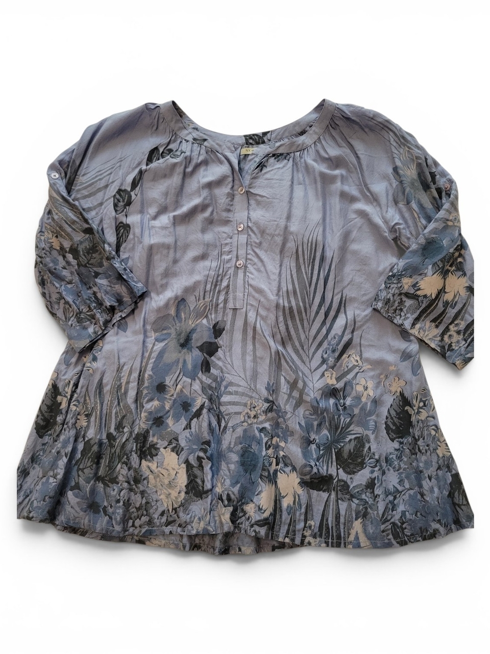 Relaxed Floral Button-Front Tunic Top - Blue Msummer Top